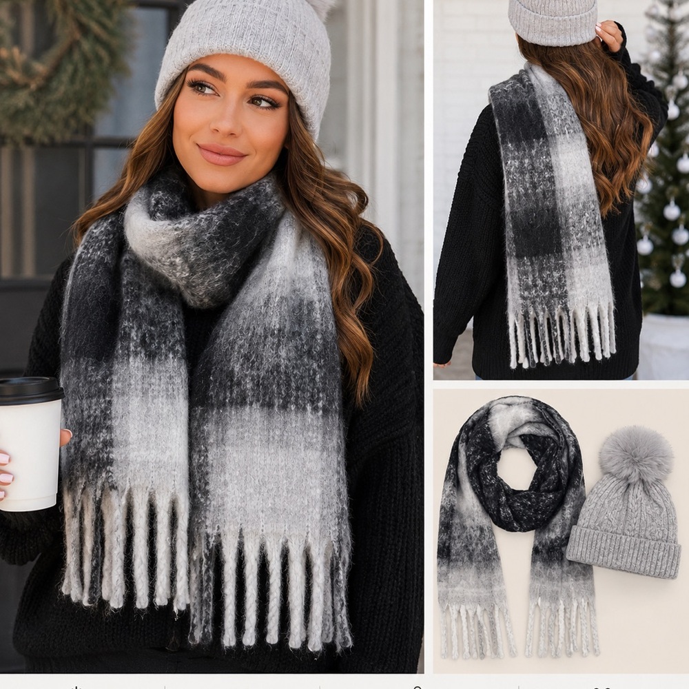 Cozy Gray Ombre Plaid Fringe Scarf - Women's Winter Accessory